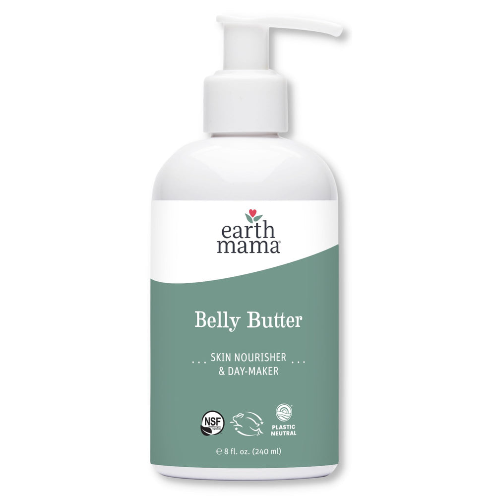 Earth Mama Belly Butter frente del envase, crema hipoalergénica para piel sensible durante el embarazo.