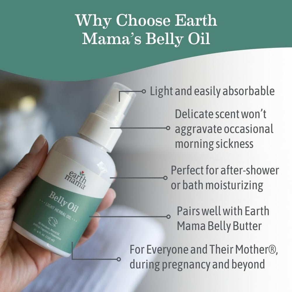 Earth Mama Belly Oil se aplica con las manos, masaje suave para abdomen.