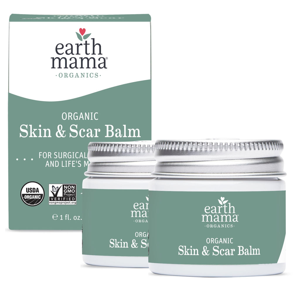 Earth Mama crema piel cicatrices en envase, cuidado suave para piel sensible.