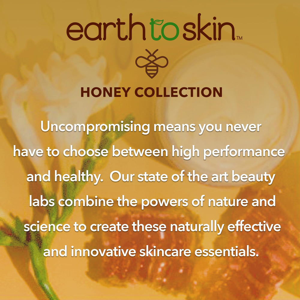 Earth To Skin Honey Manuka Serum en empaque de frasco de vidrio, opción sostenible