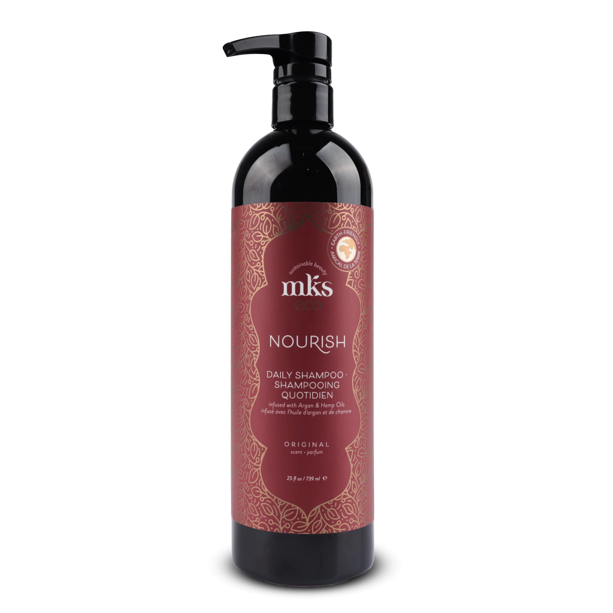 Earthly Body MKS Nourish Shampoo original, botella frontal, limpia suavemente cabello fino