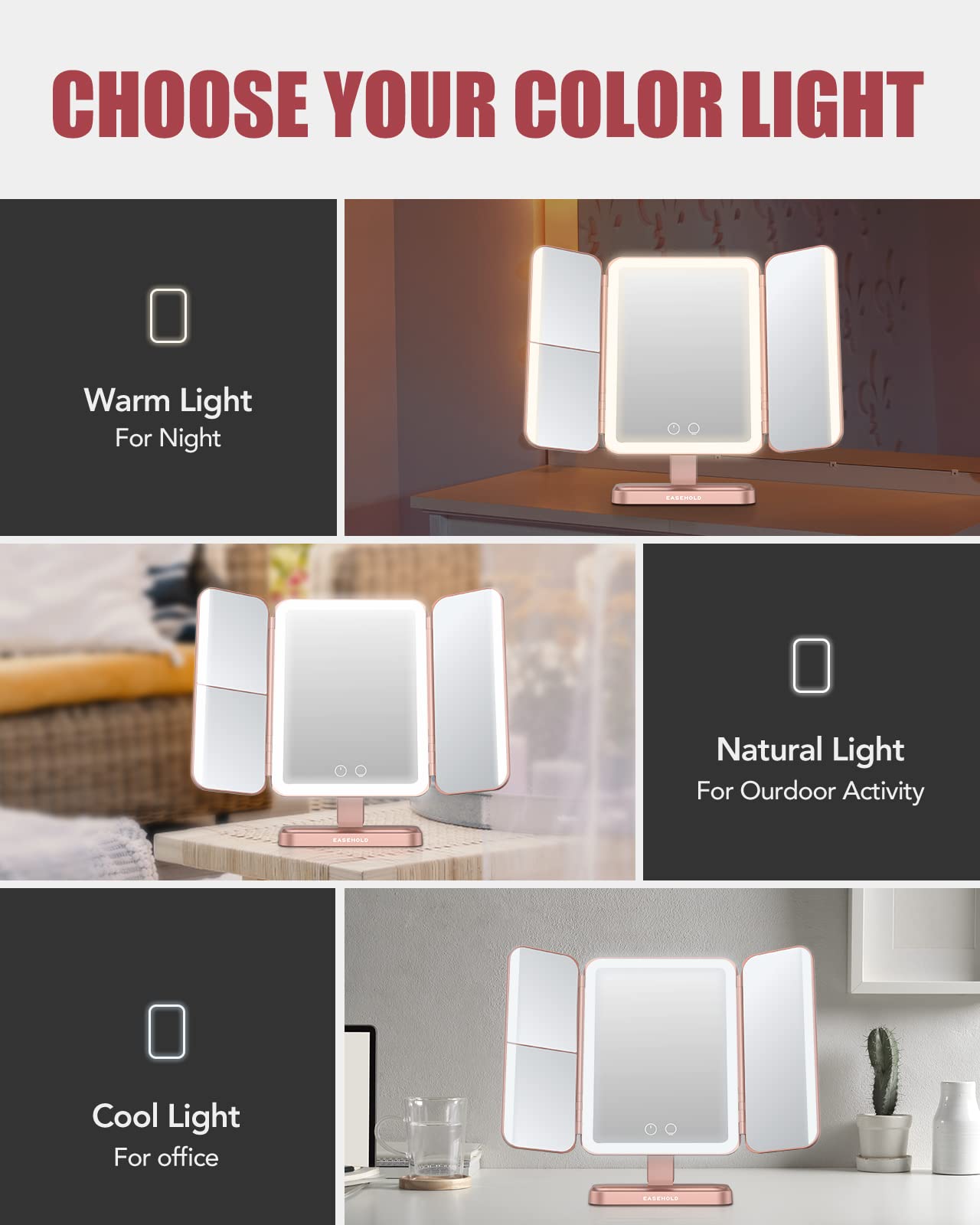 Espejo EASEHOLD con luz ajustable 3500–7000K para colores realistas.