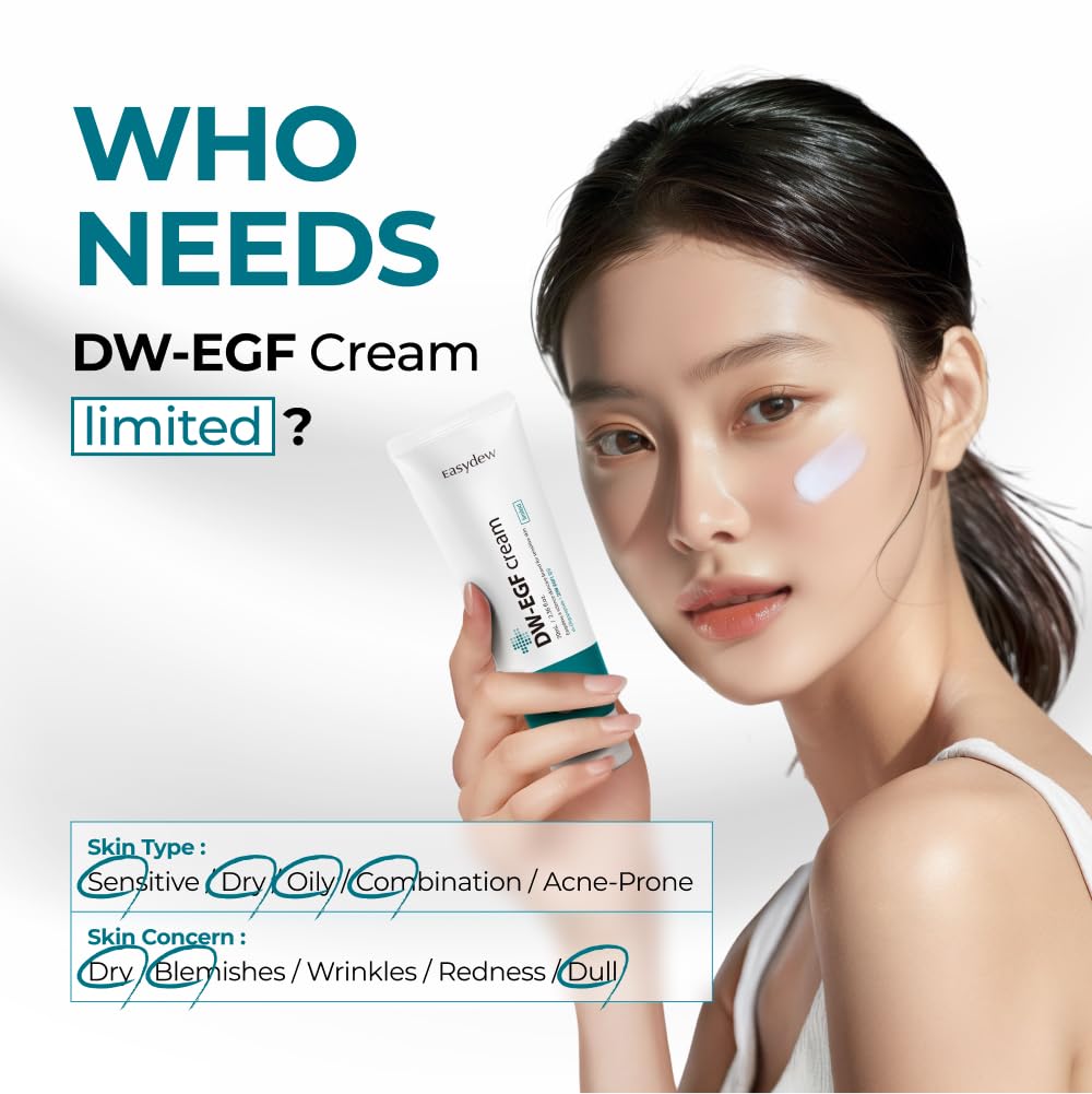 Crème EASYDEW DW-EGF, texture fine, application facile sur le visage.