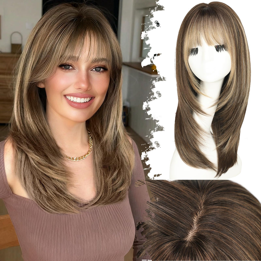 Peluca Eawwii con flequillo marrón dorado, frente definida para un look natural.