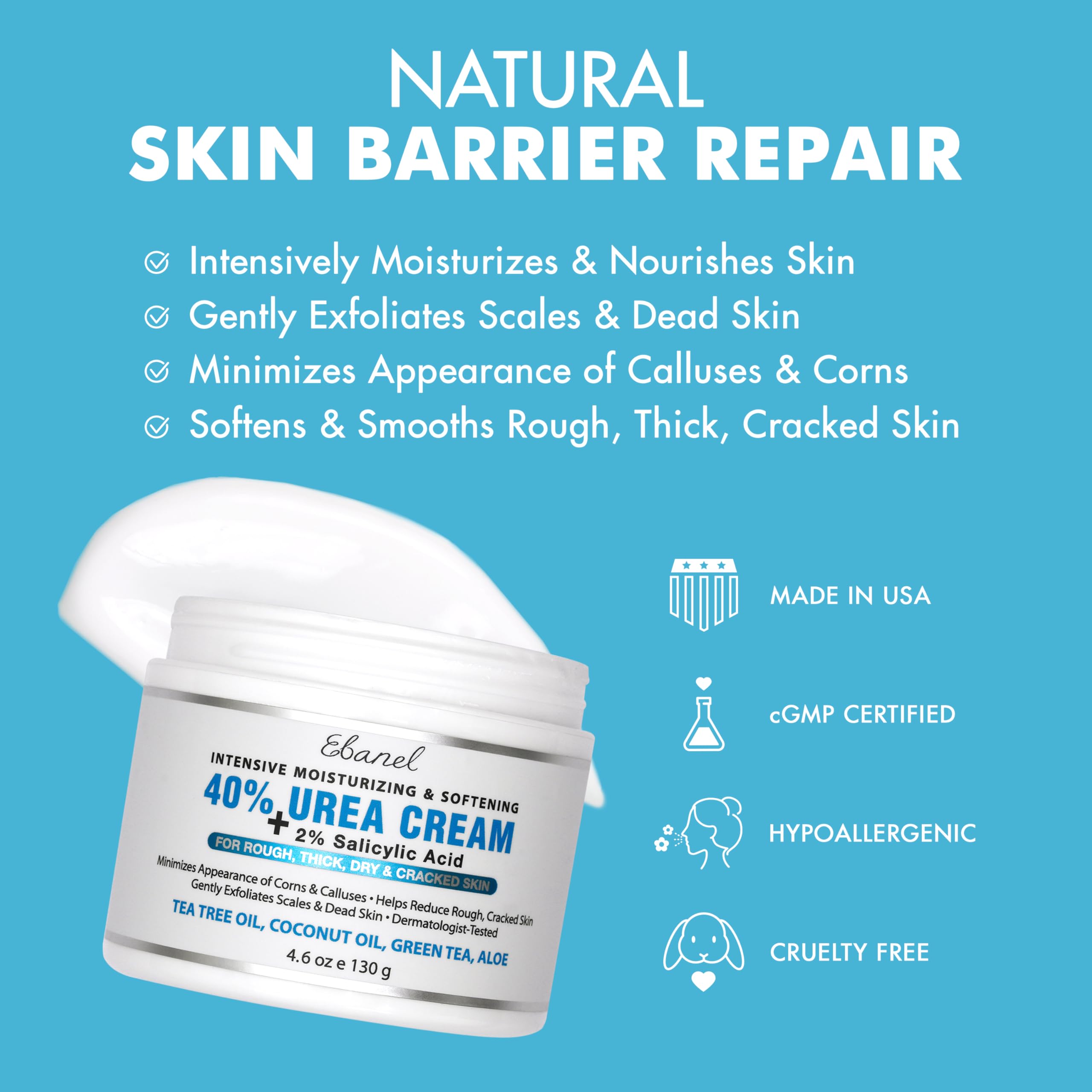 Ebanel Crema Urea 40% para uñas y pies, suavidad visible.