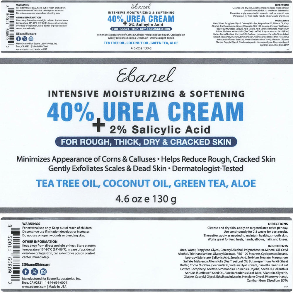 Ebanel crema urea 40% con aloe y árbol de té, cuidado calmante para pies