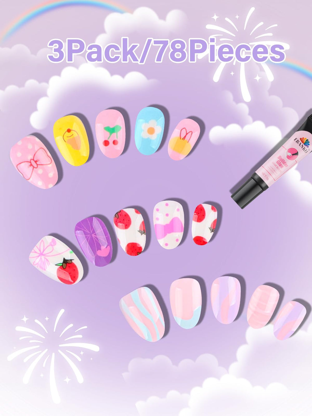EBANKU diseño con bow tie y fresas para decorar uñas infantiles.