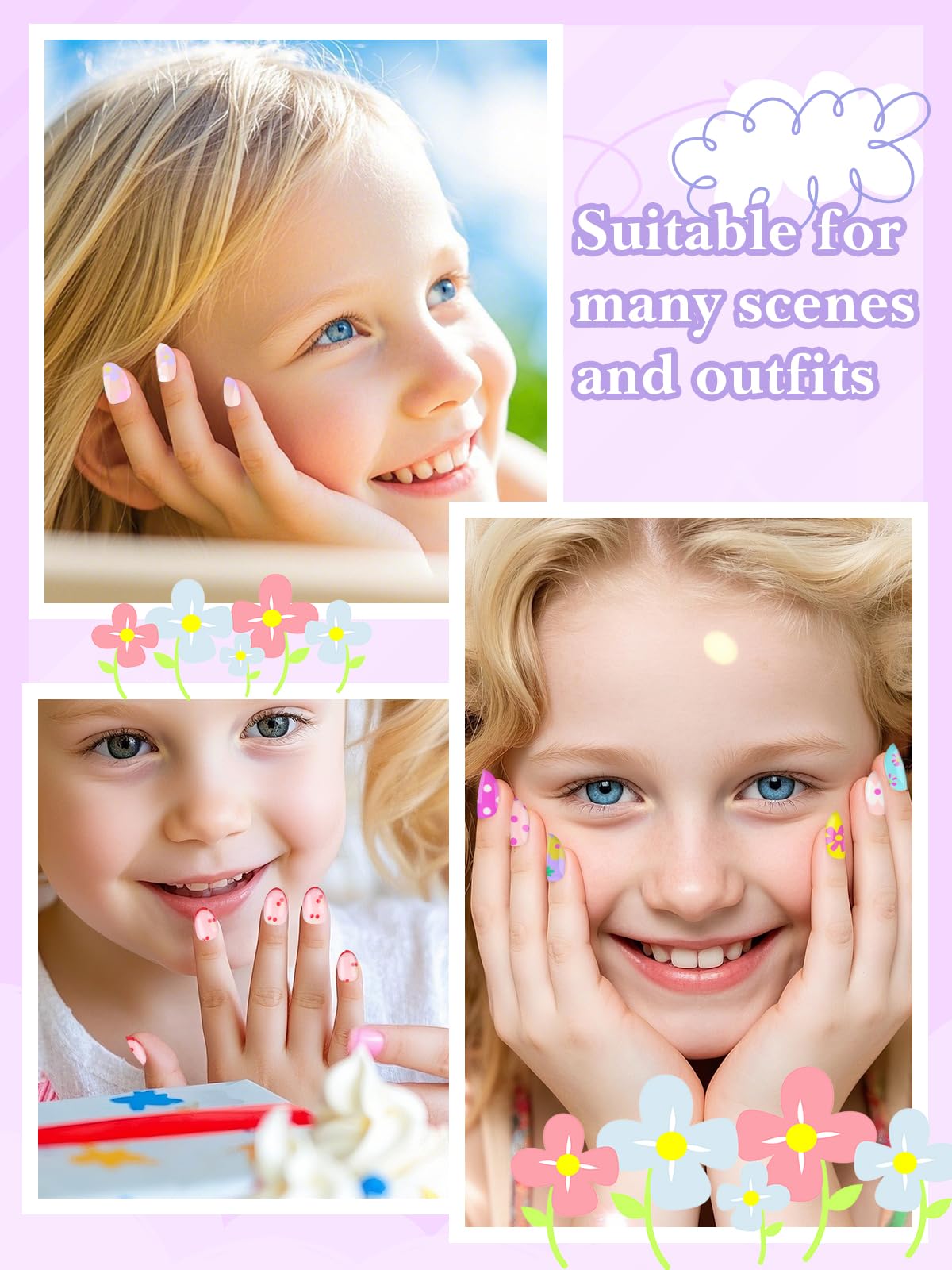 EBANKU uñas postizas infantiles con cerezas, estilo encantador para niñas