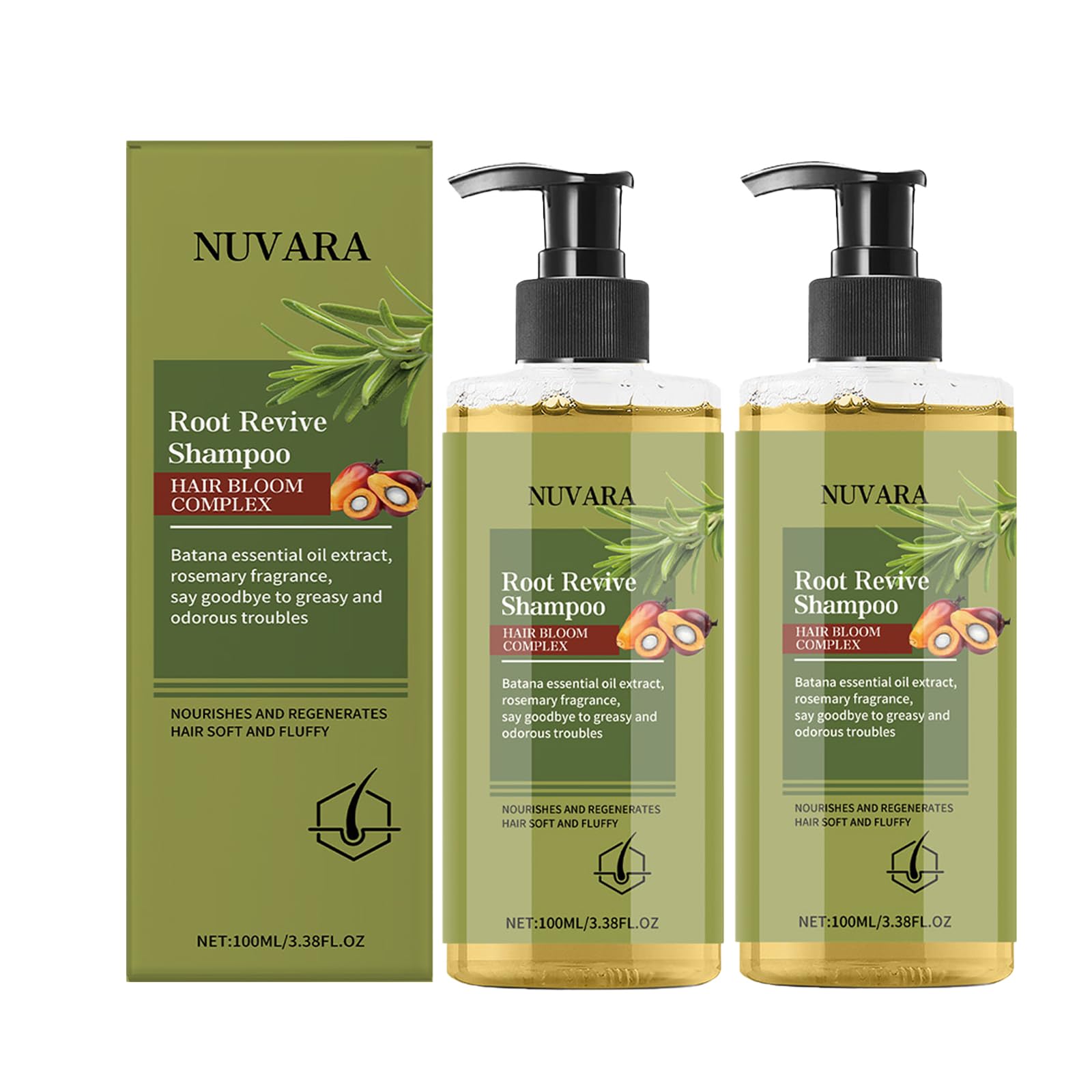 EBEHDOQ Nuvara Champú, frente del envase, promueve volumen suave para el cabello.