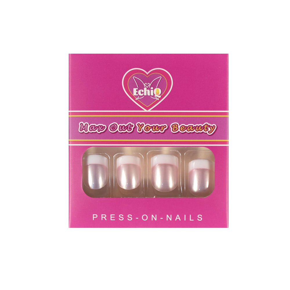 Uñas postizas EchiQ brillo perlado rosado estilo francés corto para fiestas.