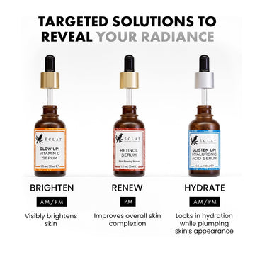 Eclat Skincare conjunto de tres sueros: cuidado facial completo.
