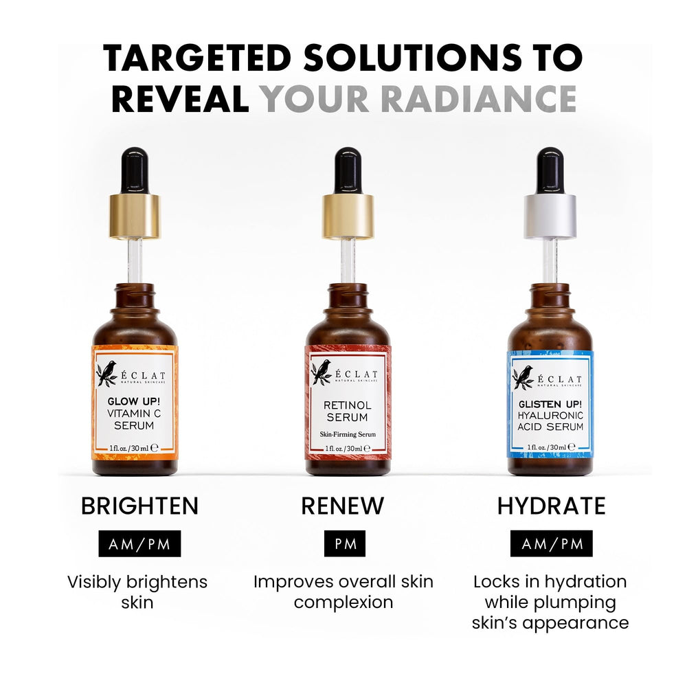 Eclat Skincare conjunto de tres sueros: cuidado facial completo.