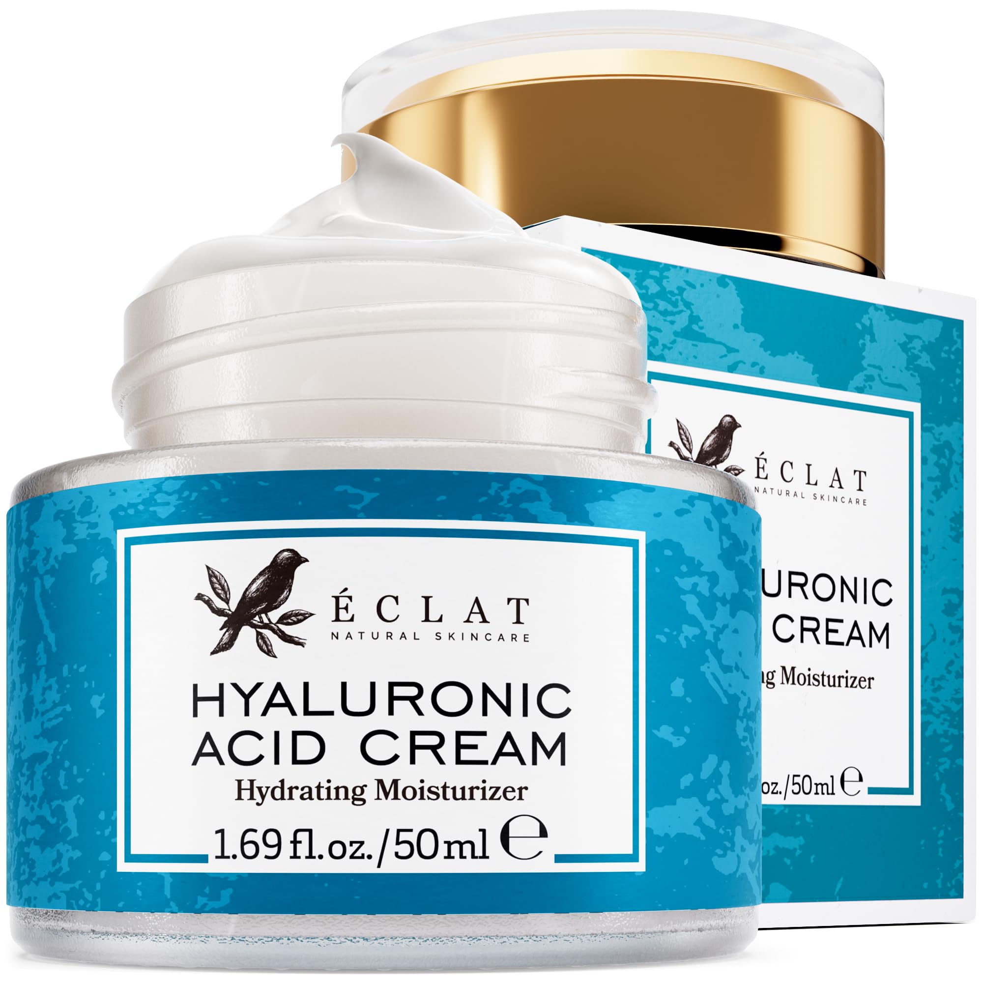 Crema hialurónico de Eclat Skincare en bote, hidratación profunda para la piel.