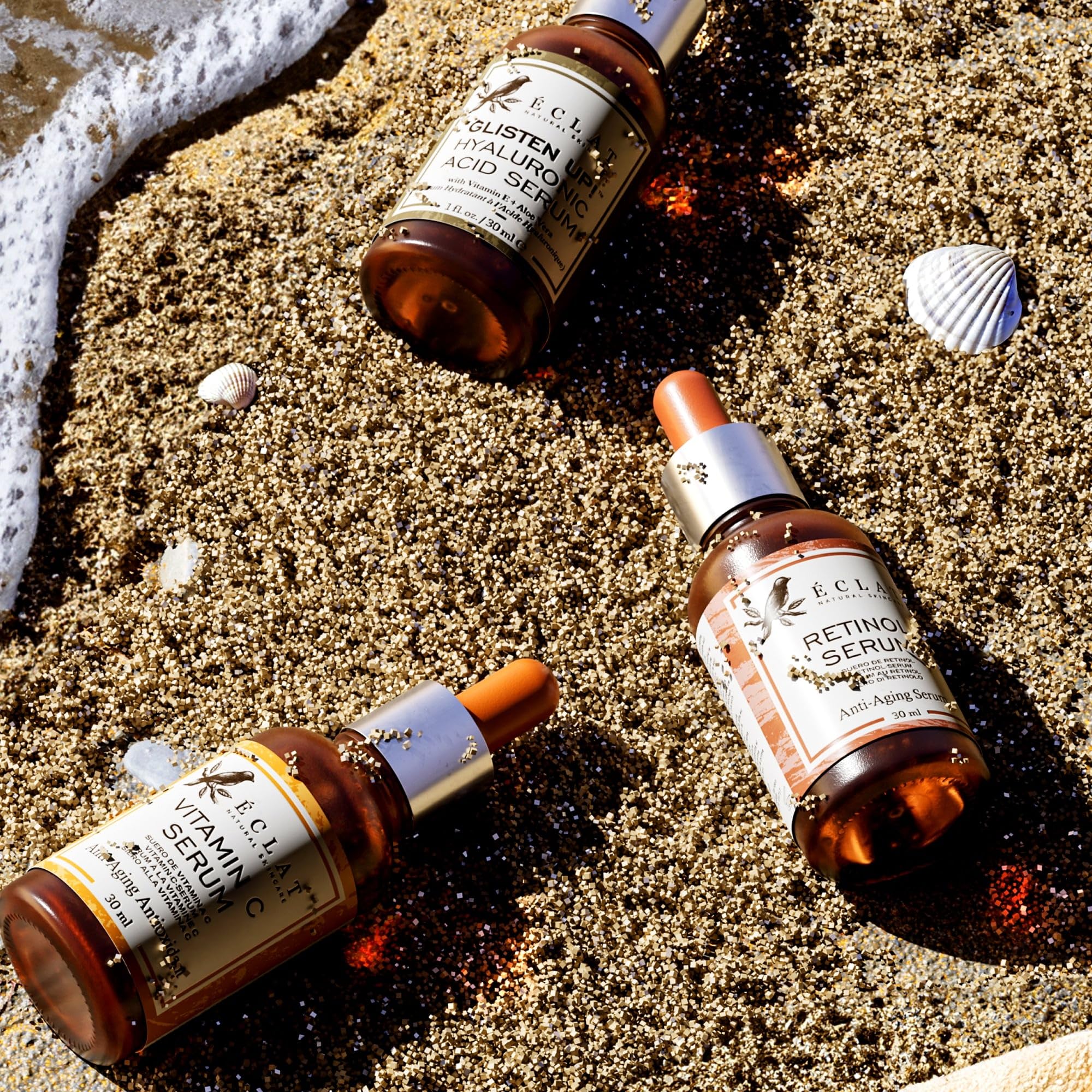 Eclat Skincare rutina facial con tres sueros para piel radiante.