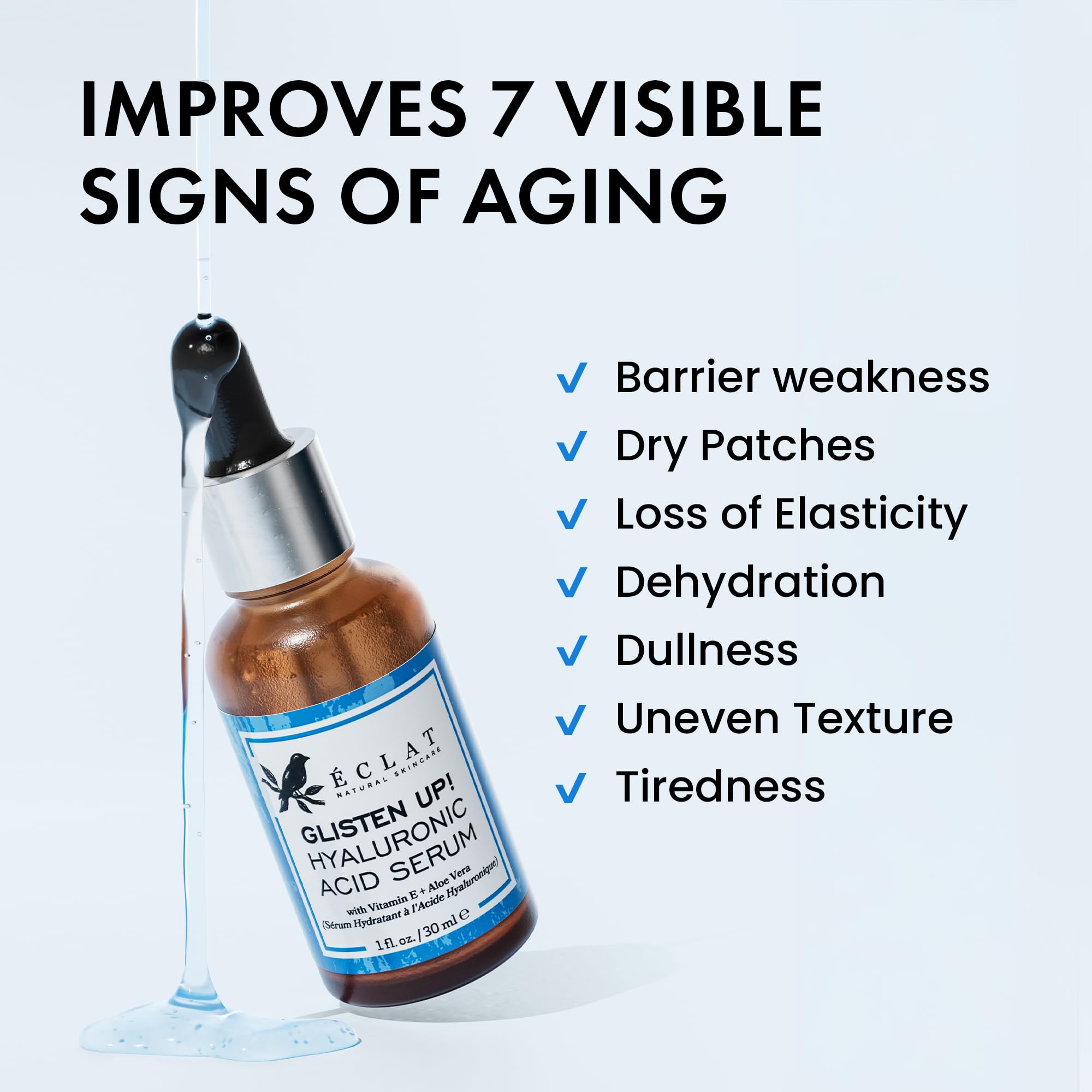 Sérum Eclat Skincare con B5 y té verde; antioxidantes para brillo natural.