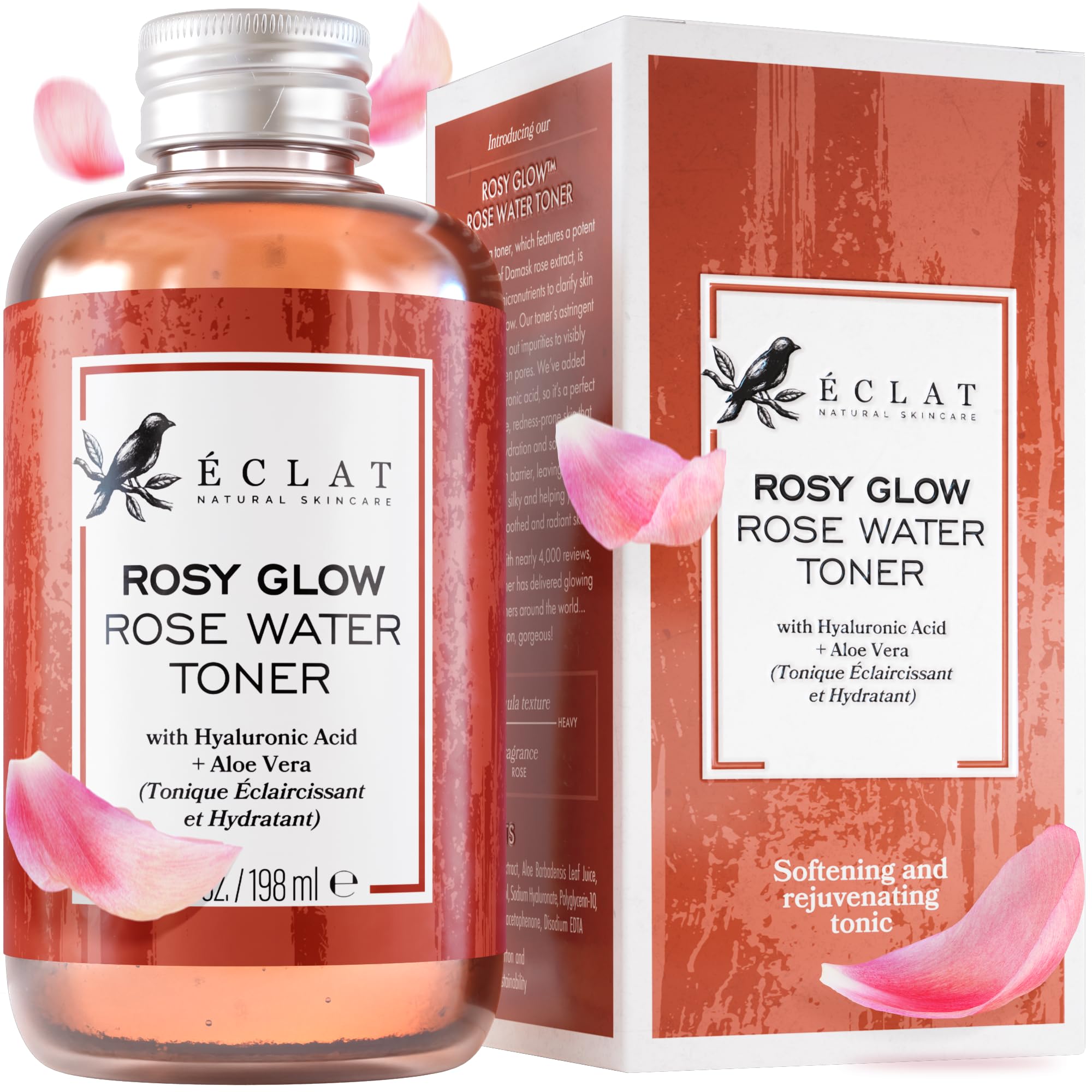 Eclat Skincare tonificador de agua de rosa en botella, hidratación suave para la piel