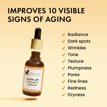 Eclat Skincare Vitamin C Serum, aplicación diaria, se absorbe rápido y deja piel suave.