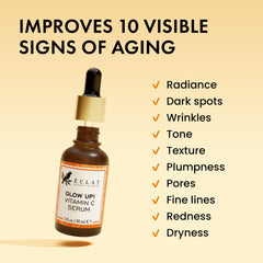 Eclat Skincare Vitamin C Serum, aplicación diaria, se absorbe rápido y deja piel suave.
