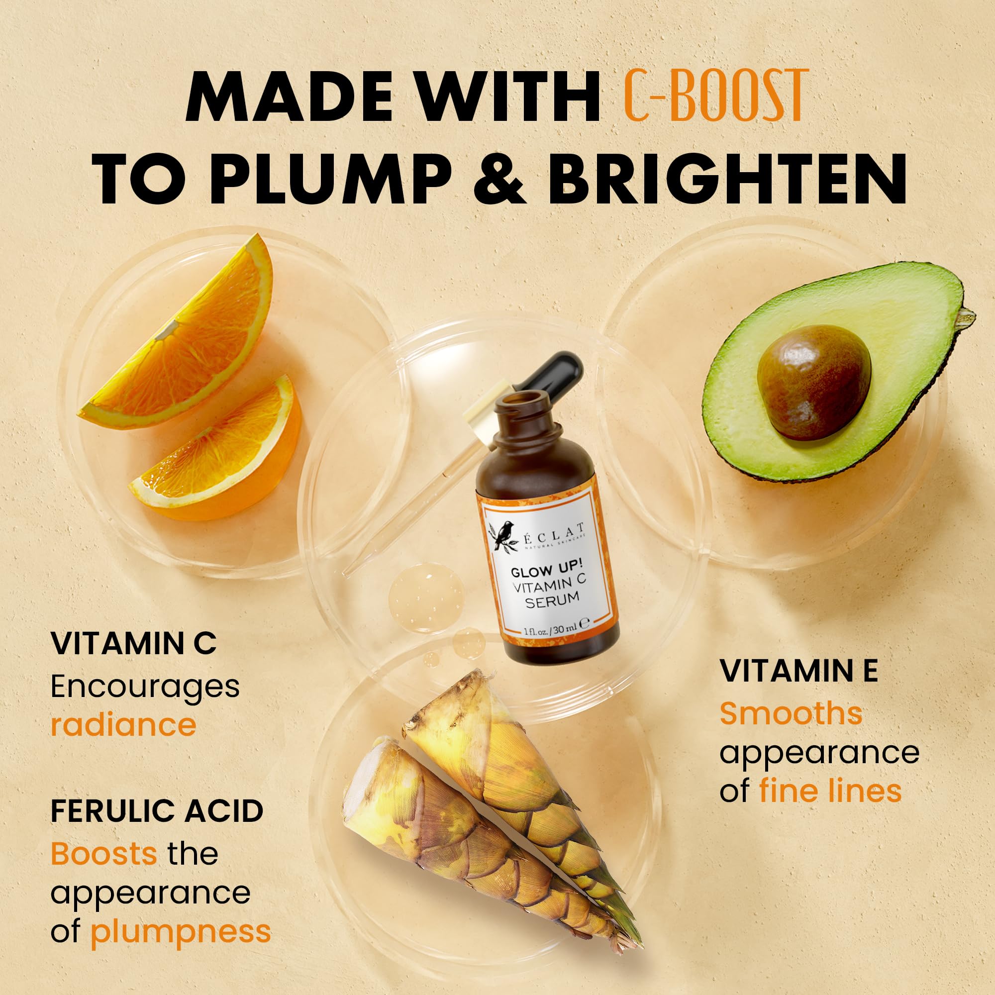 Eclat Skincare Vitamin C Serum, textura ligera, favorece hidratación duradera.