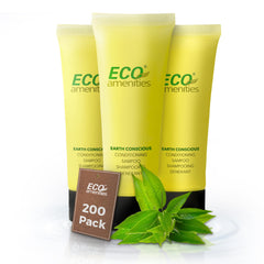 Éco amenities emballage mini-shampoing-après-shampoing au parfum thé vert, parfait pour les voyages.