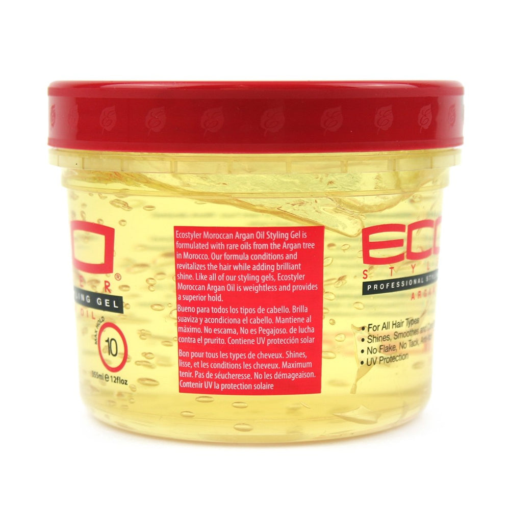 Eco Style gel argán marroquí, aplicación diaria para peinados sin esfuerzo.