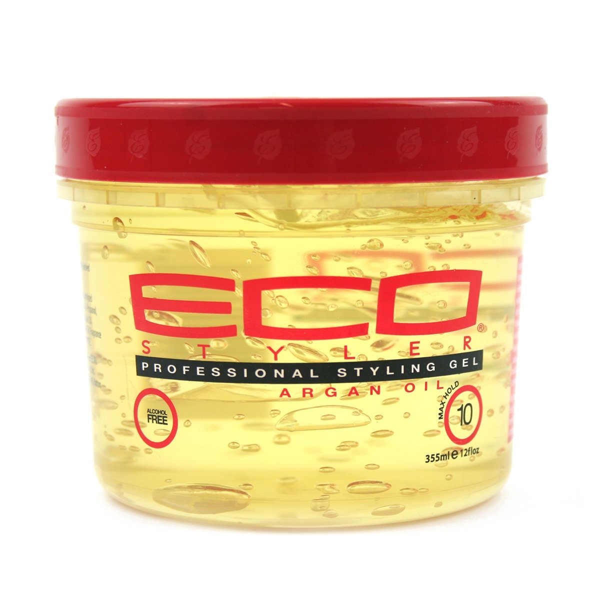 Eco Style gel argán marroquí, tarro 12oz, fijación suave sin escamas ni picor.