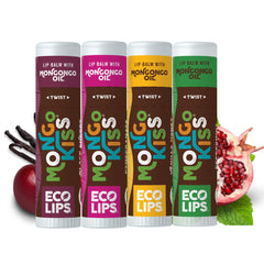 Eco Lips Mongo Kiss mentas, paquete 4, hidratación suave para labios irritados.
