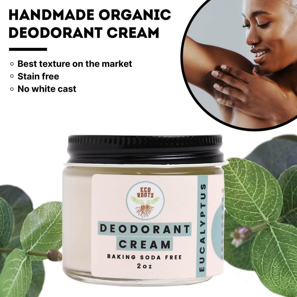 ECO ROOTS muestra ingredientes arrowroot, coco y manteca de karité para cuidado natural.