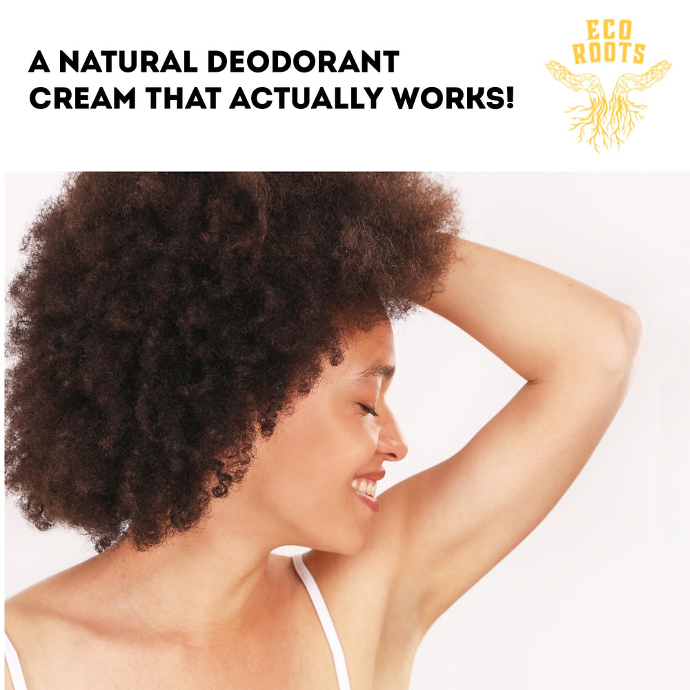 Eco Roots vegan deodorant packaging emphasizing clean ingredients.