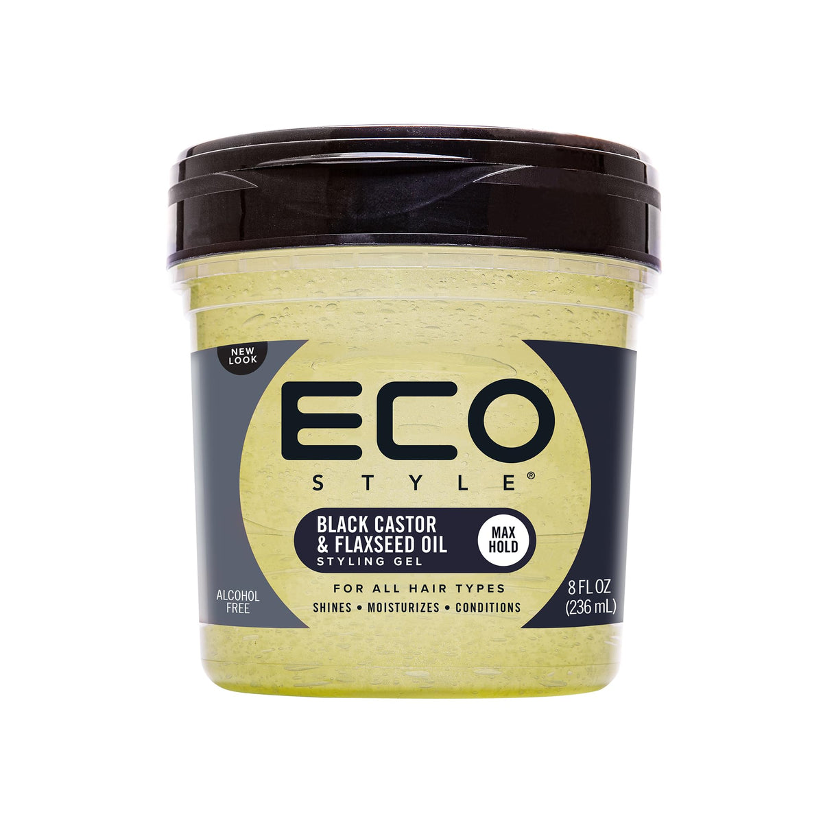 Eco Style Gel con aceite de ricino y linaza, botella vertida, muestra hidratación y facilidad de peinado.