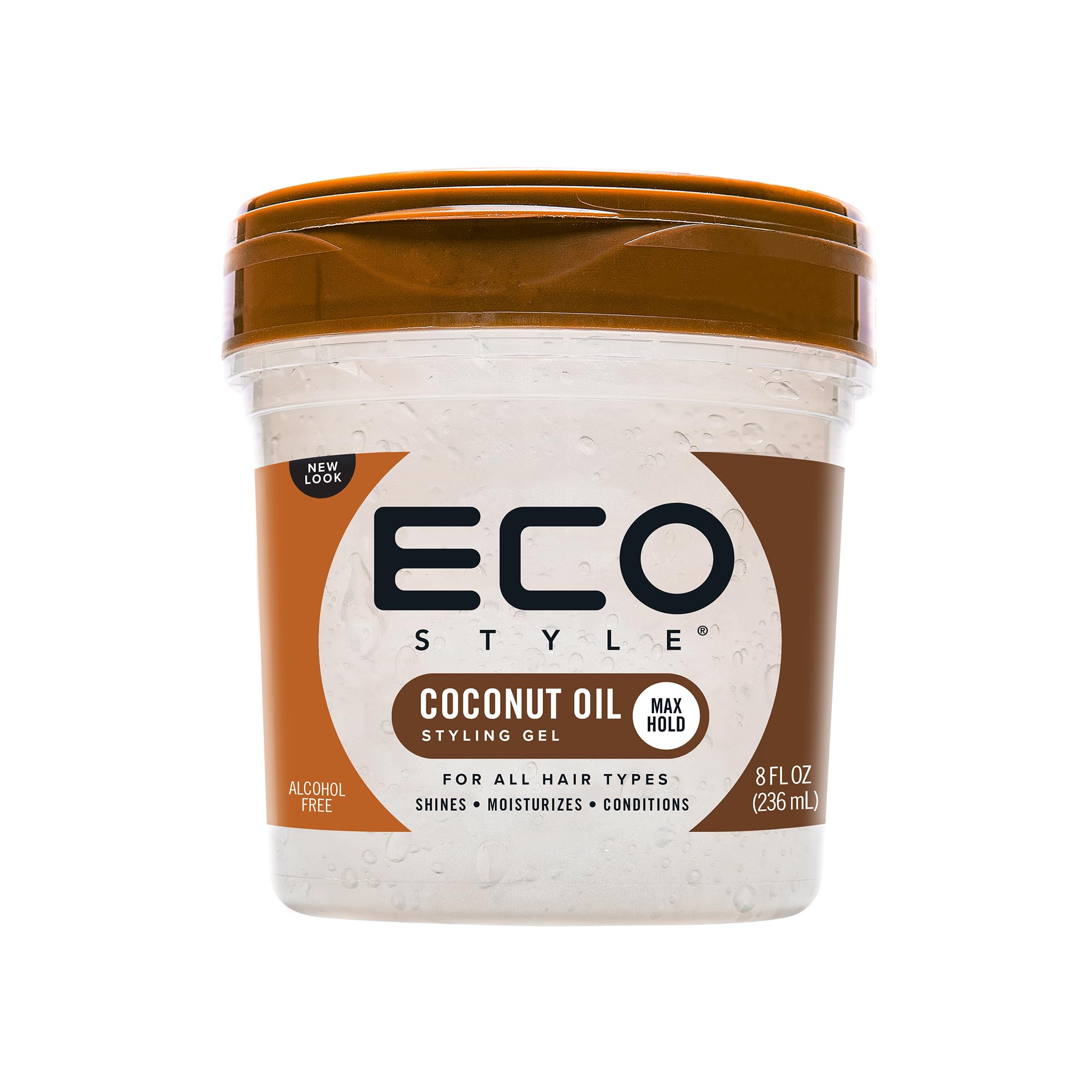 Eco Style Gel Coco: bote que muestra aceite para brillo duradero y cuero cabelludo saludable.