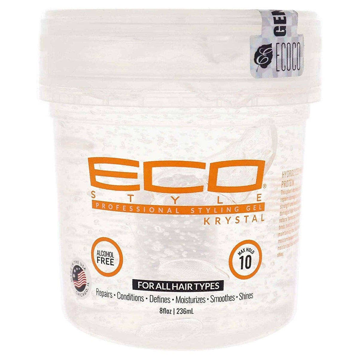 Eco Style Krystal: gel de peinado en envase, brillo intenso y fijación duradera.