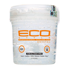Eco Style Krystal Gel: botella vertiendo, fijación fuerte y brillo duradero.