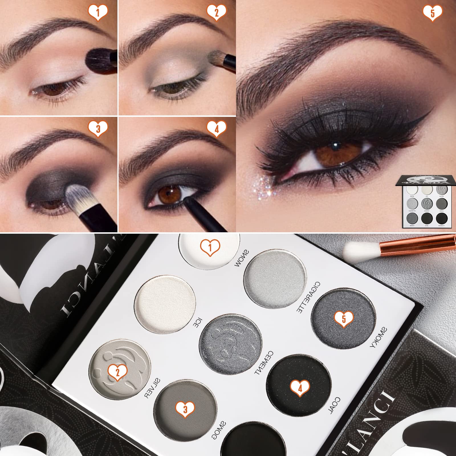 ecofavor Black Smoky Eye Palette swatches display rich matte and shimmer pigments.