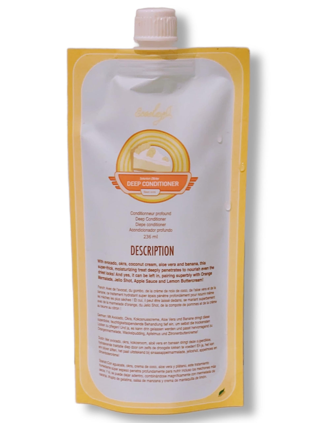 Ecoslay Banana Cream bote vertido muestra textura rica para un peinado suave y manejable