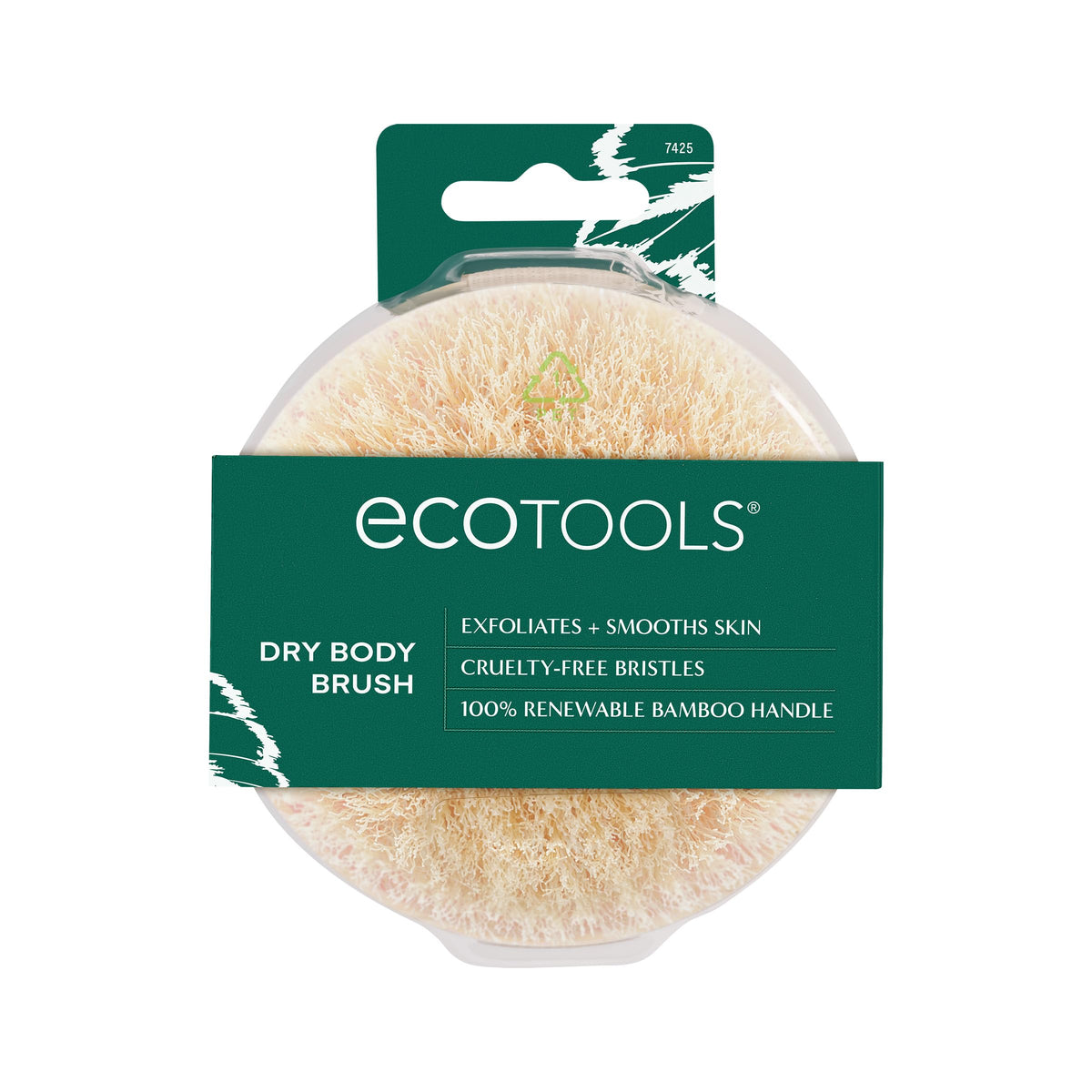 EcoTools cepillo corporal seco en la mano para exfoliar la piel.