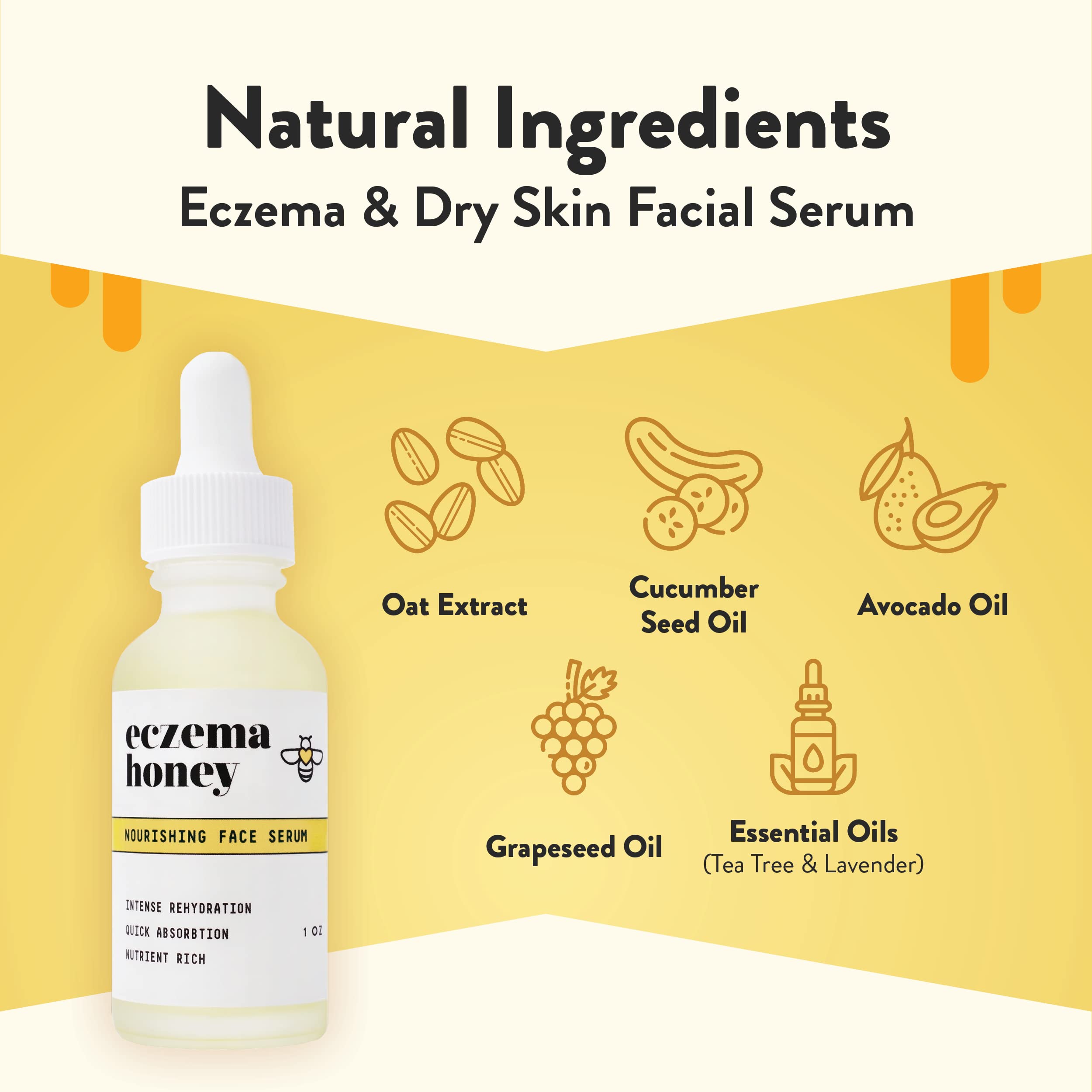 Eczema Honey Nourishing Face Serum dropper pouring for quick absorption
