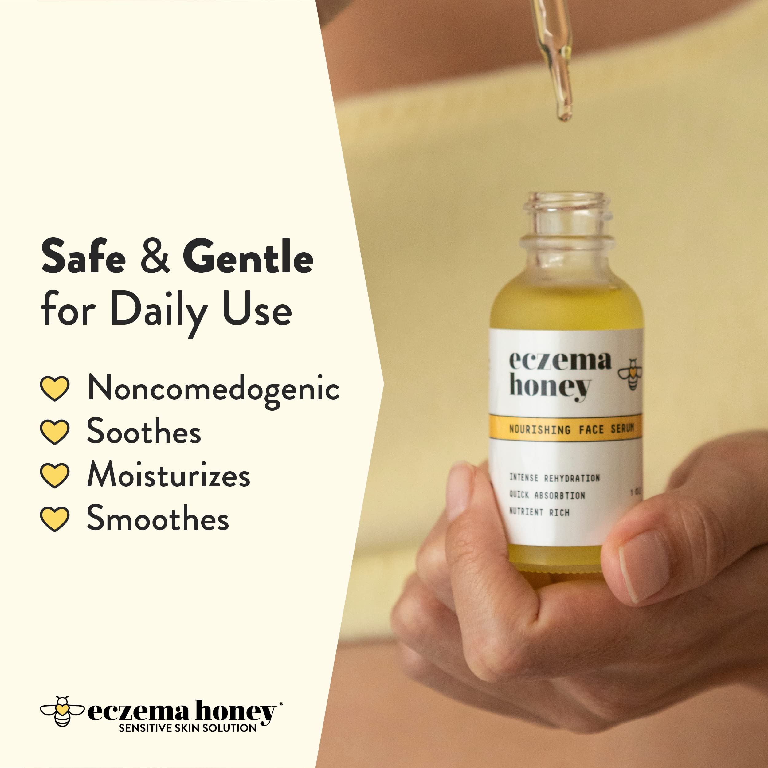 Texture swirl of Eczema Honey Nourishing Face Serum on skin for gentle hydration