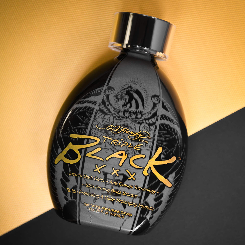 ED HARDY Black XXX loción, aplicación rápida para piel uniforme bronceada.