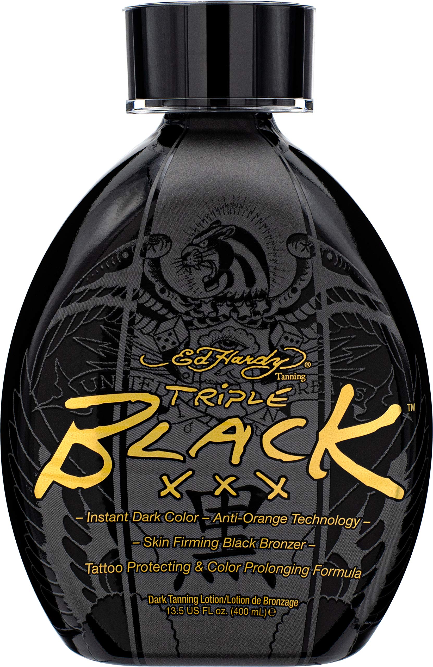ED HARDY Black XXX loción bronceadora oscura, botella elegante para resultados duraderos.