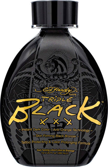 ED HARDY Black XXX loción bronceadora oscura, botella elegante para resultados duraderos.