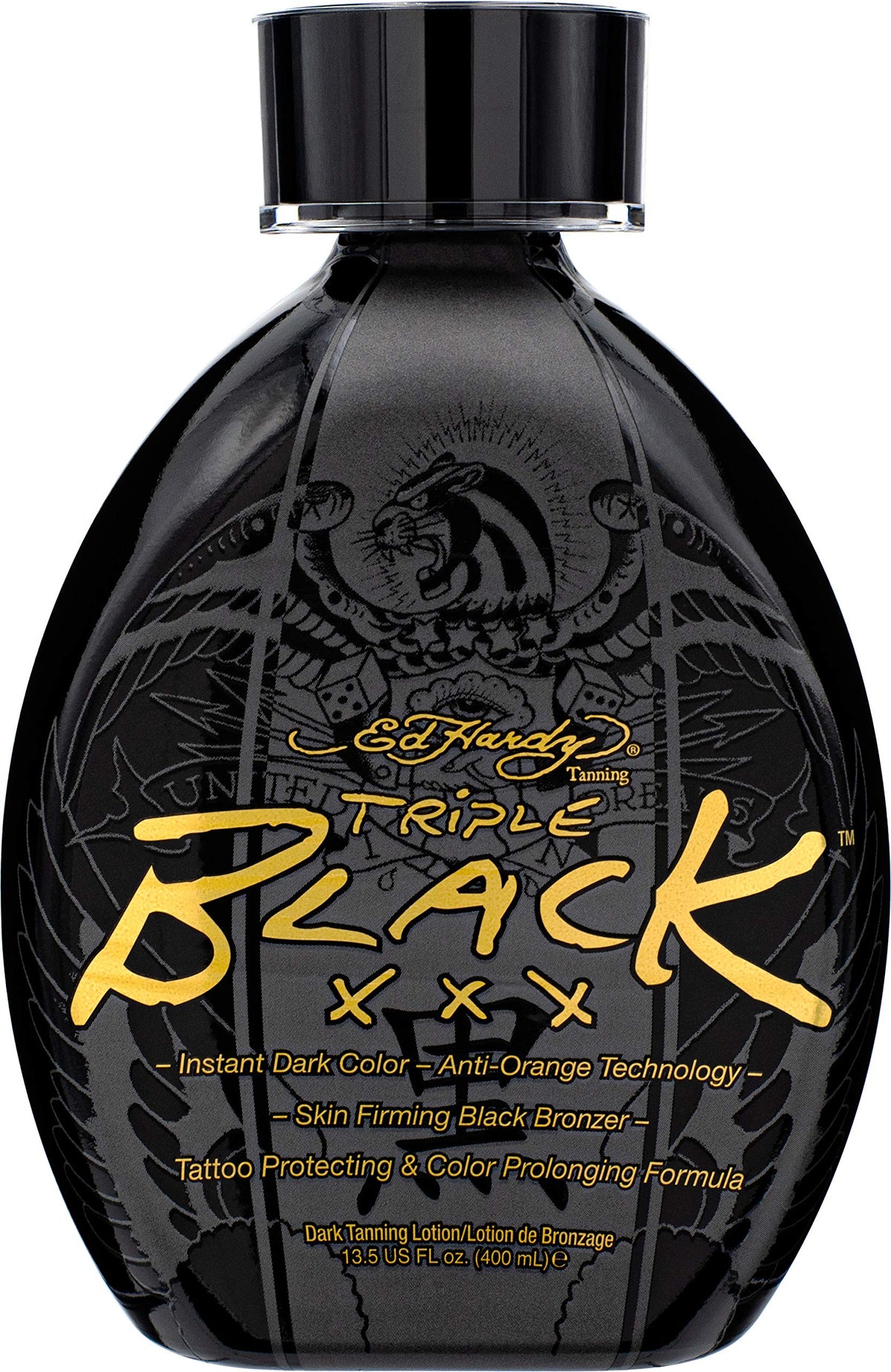 ED HARDY Black XXX loción bronceadora oscura, botella elegante para resultados duraderos.