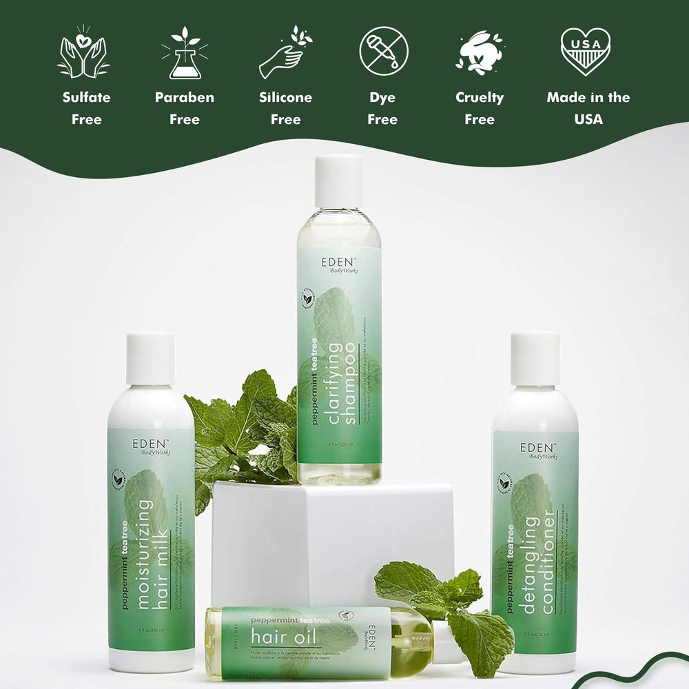 EDEN BodyWorks Peppermint Tea Tree Hair Oil leave-in use for daily scalp care.