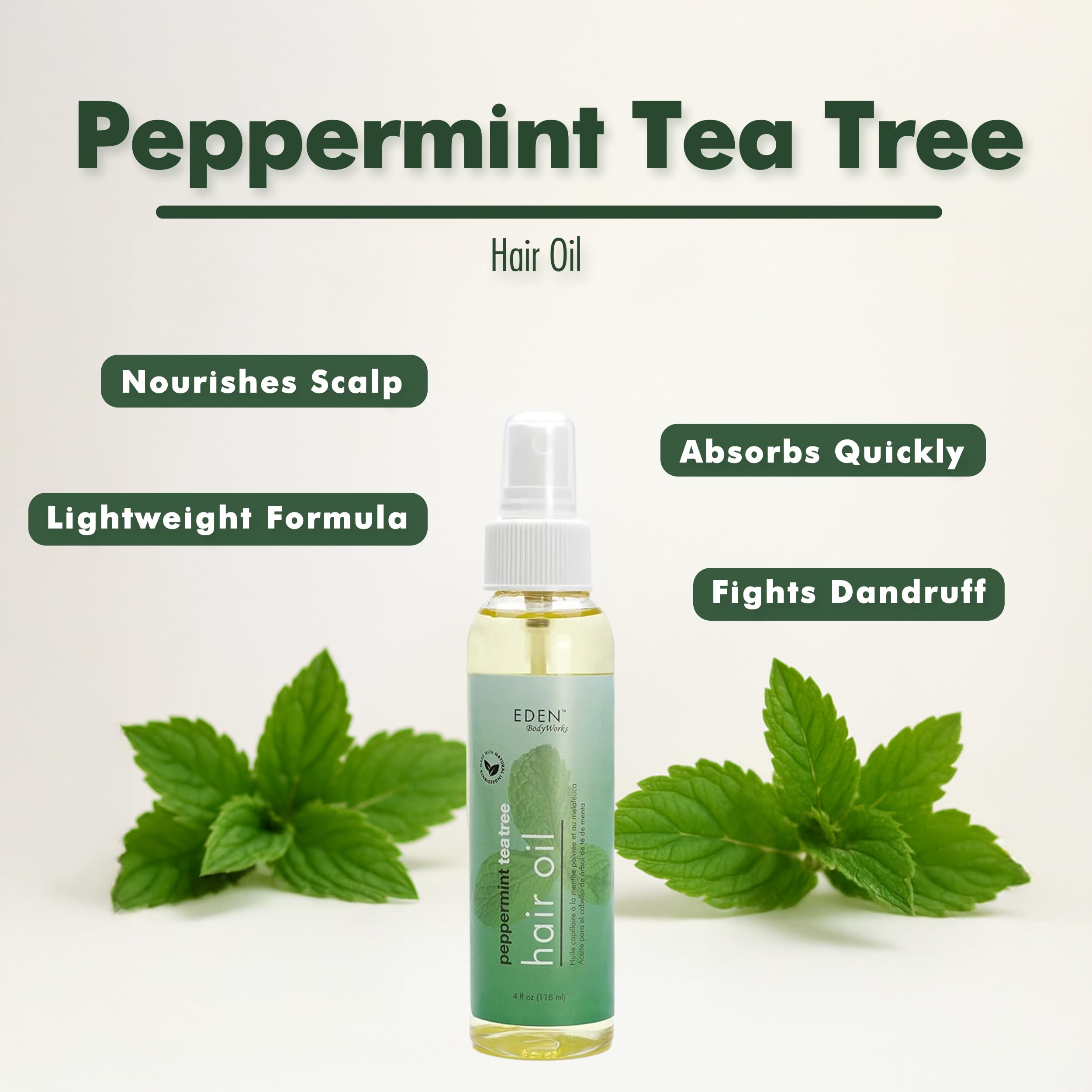 EDEN BodyWorks Peppermint Tea Tree Hair Oil applied to the scalp for soothing comfort.