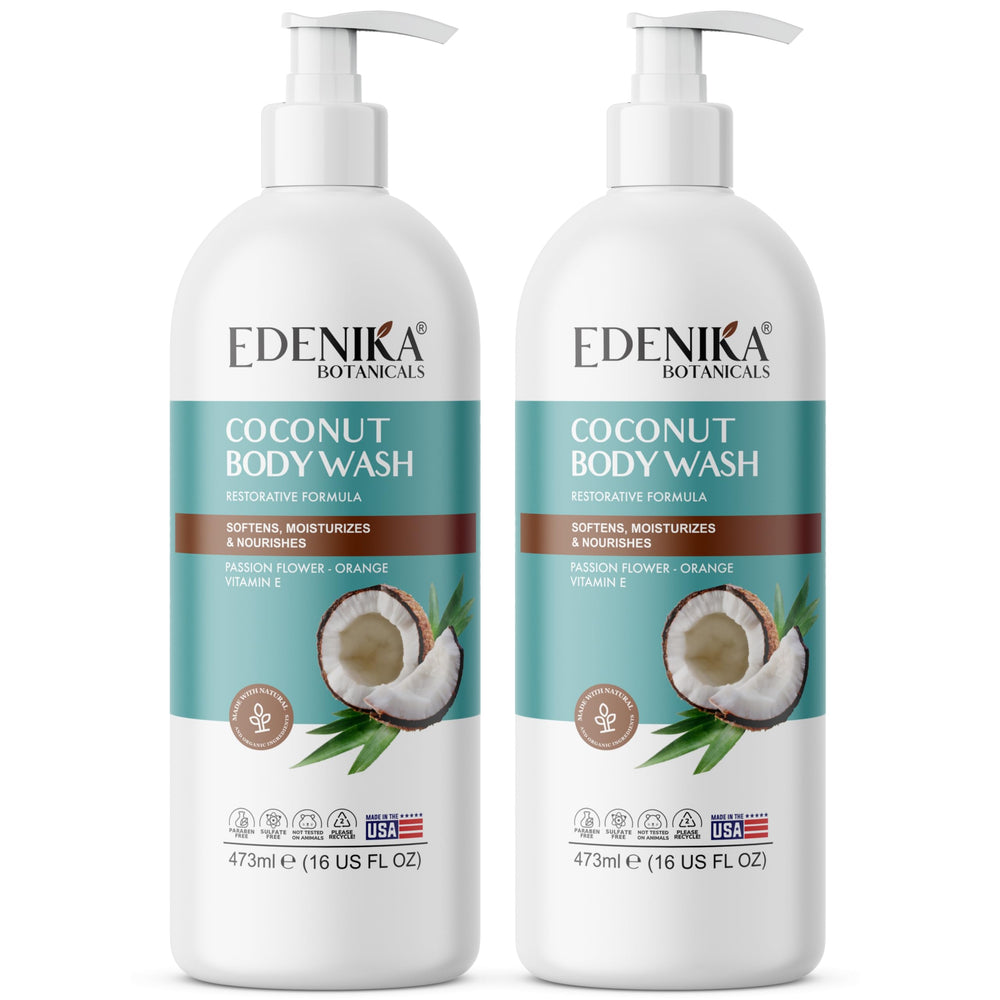 EDENIKA BOTANICALS gel de ducha coco en empaque 2-pack, hidratación suave para piel seca.