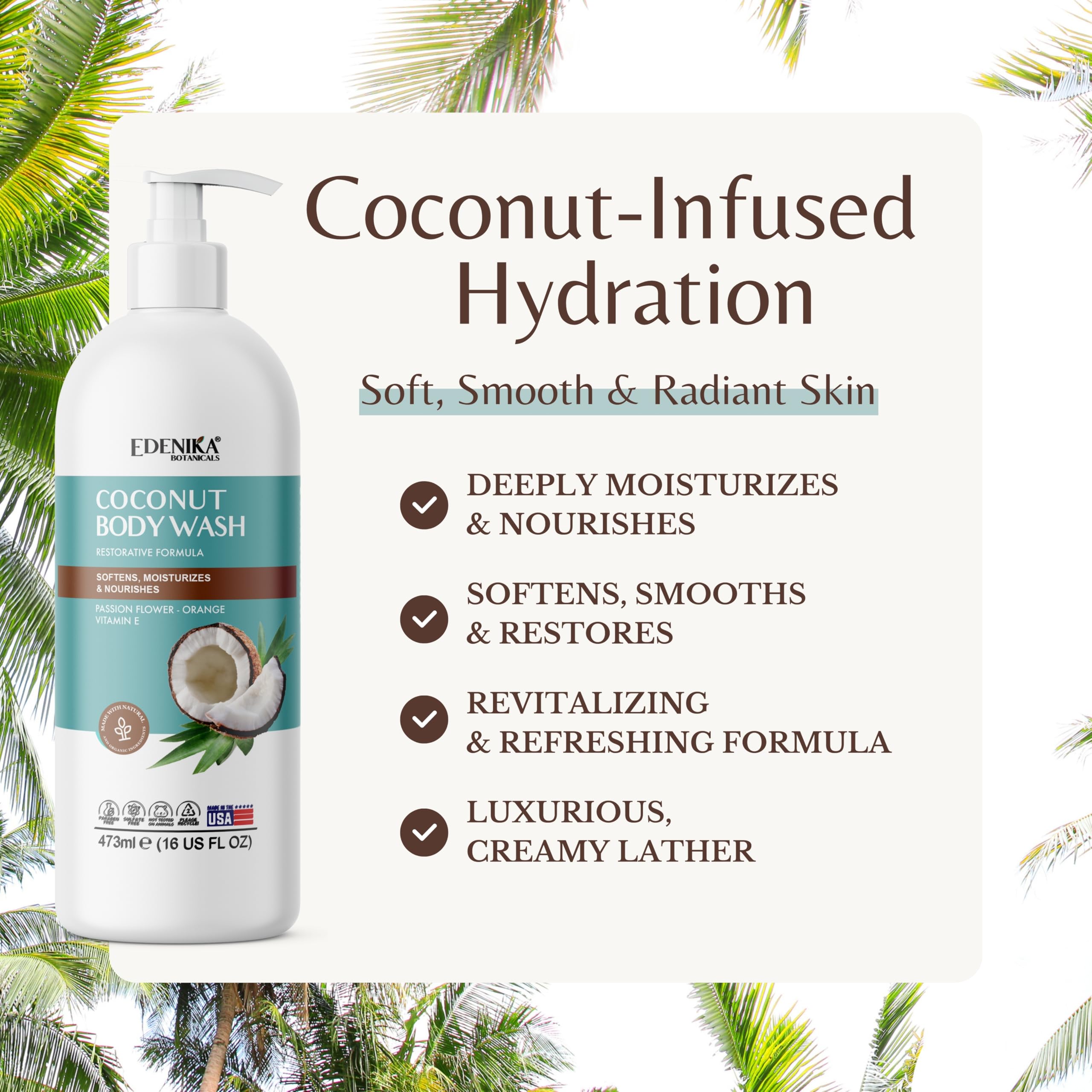 EDENIKA BOTANICALS botella con coco, aceite y vitamina E para piel calmada.