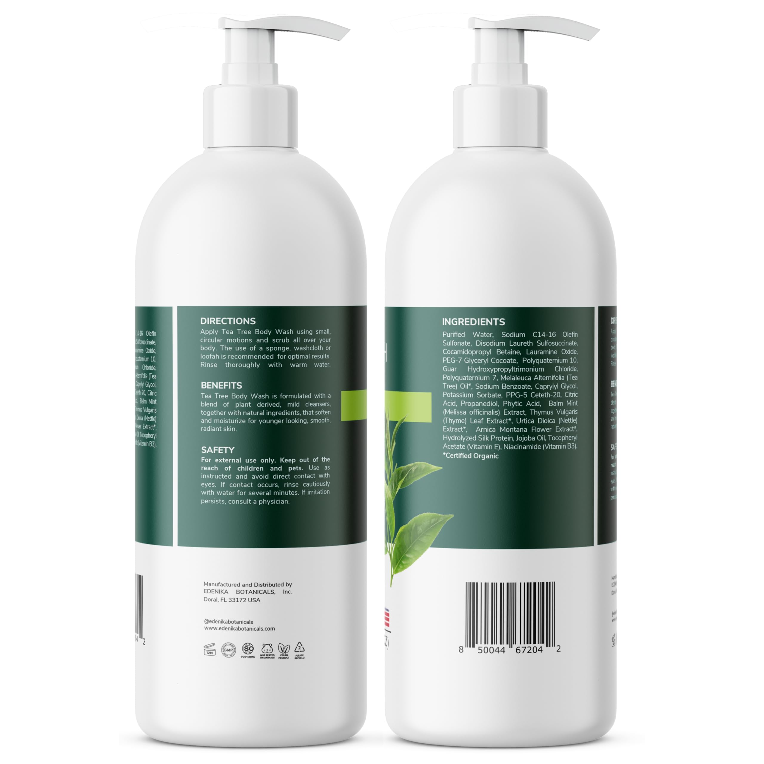 Paquete de dos unidades de EDENIKA BOTANICALS Tea Tree Body Wash para familias activas.
