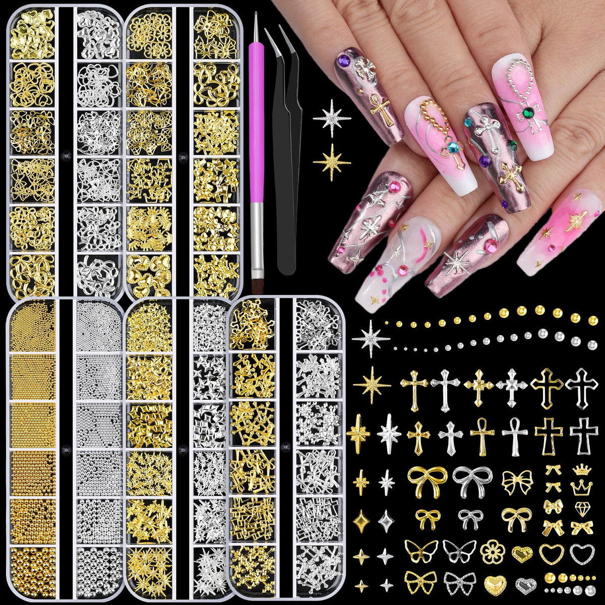 editTime 5 cajas de adornos para uñas con cruces y estrellas para un diseño detallado