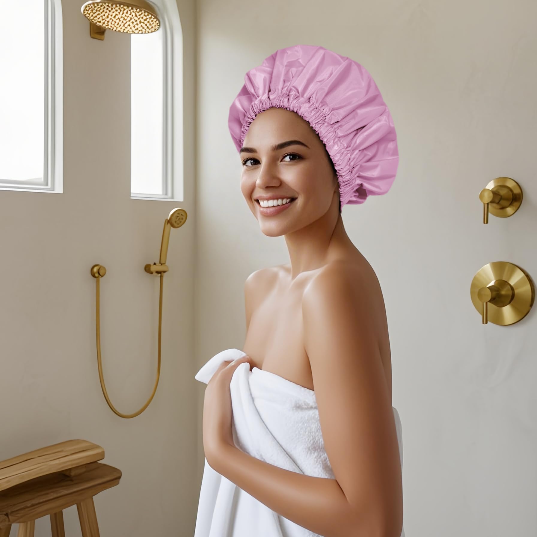 Gorro Edoneery en verde y morado, diseño moderno para el baño.