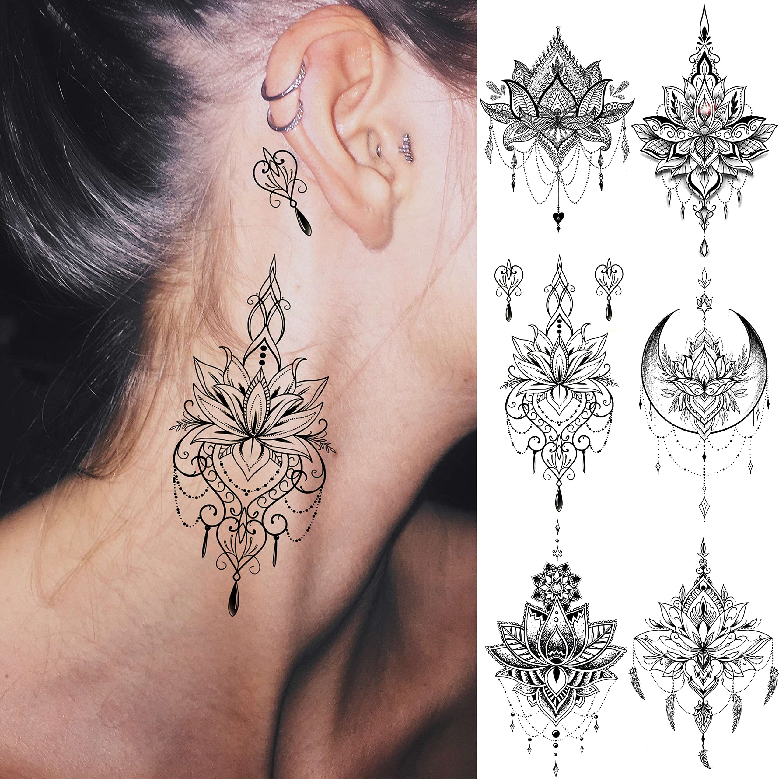 EGMBGM Colgante encaje: tatuaje temporal elegante para cuello y hombros.